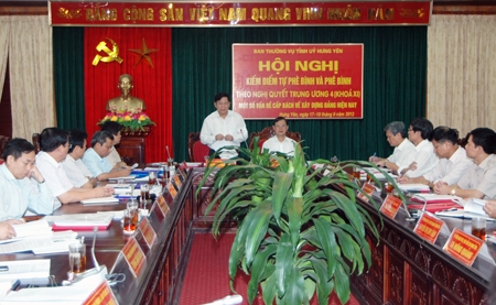 Ban Thường vụ Tỉnh ủy Hưng Yên kiểm điểm tự phê bình và phê bình theo Nghị quyết Trung ương 4 khóa XI